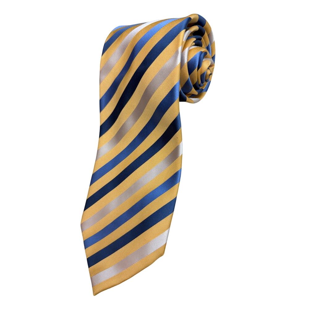 Geoffrey Beene Mens Silk Necktie Blue Gold White‎ Striped Handmade Tie